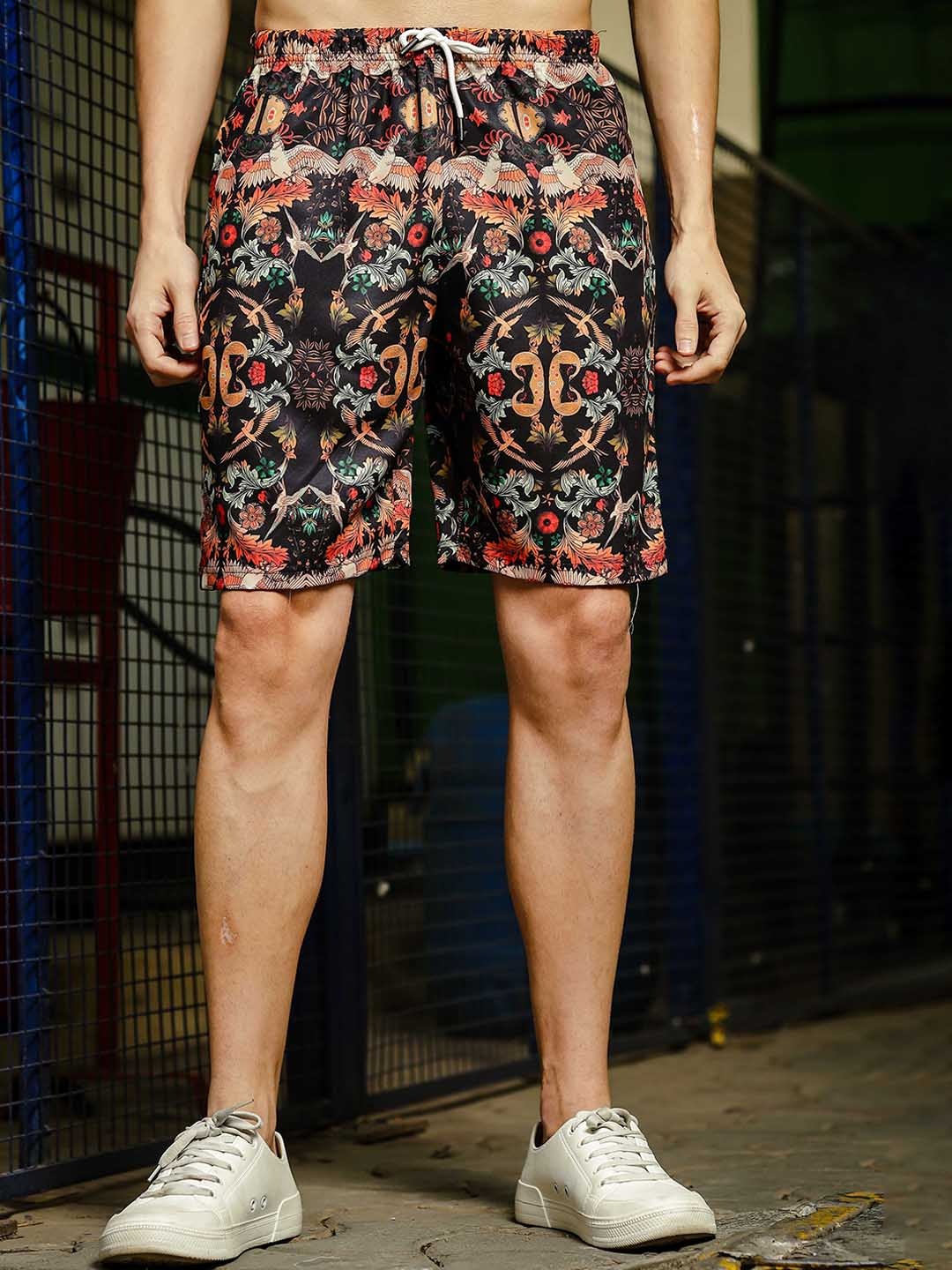 

House of Koala Unisex Relaxed Fit Floral Printed Casual Shorts, Black