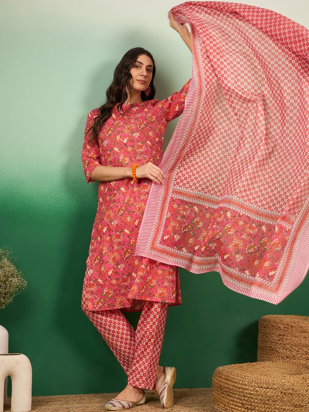 

Sangria Peach Floral Printed Pure Cotton Straight Kurta With Trouser & Dupatta
