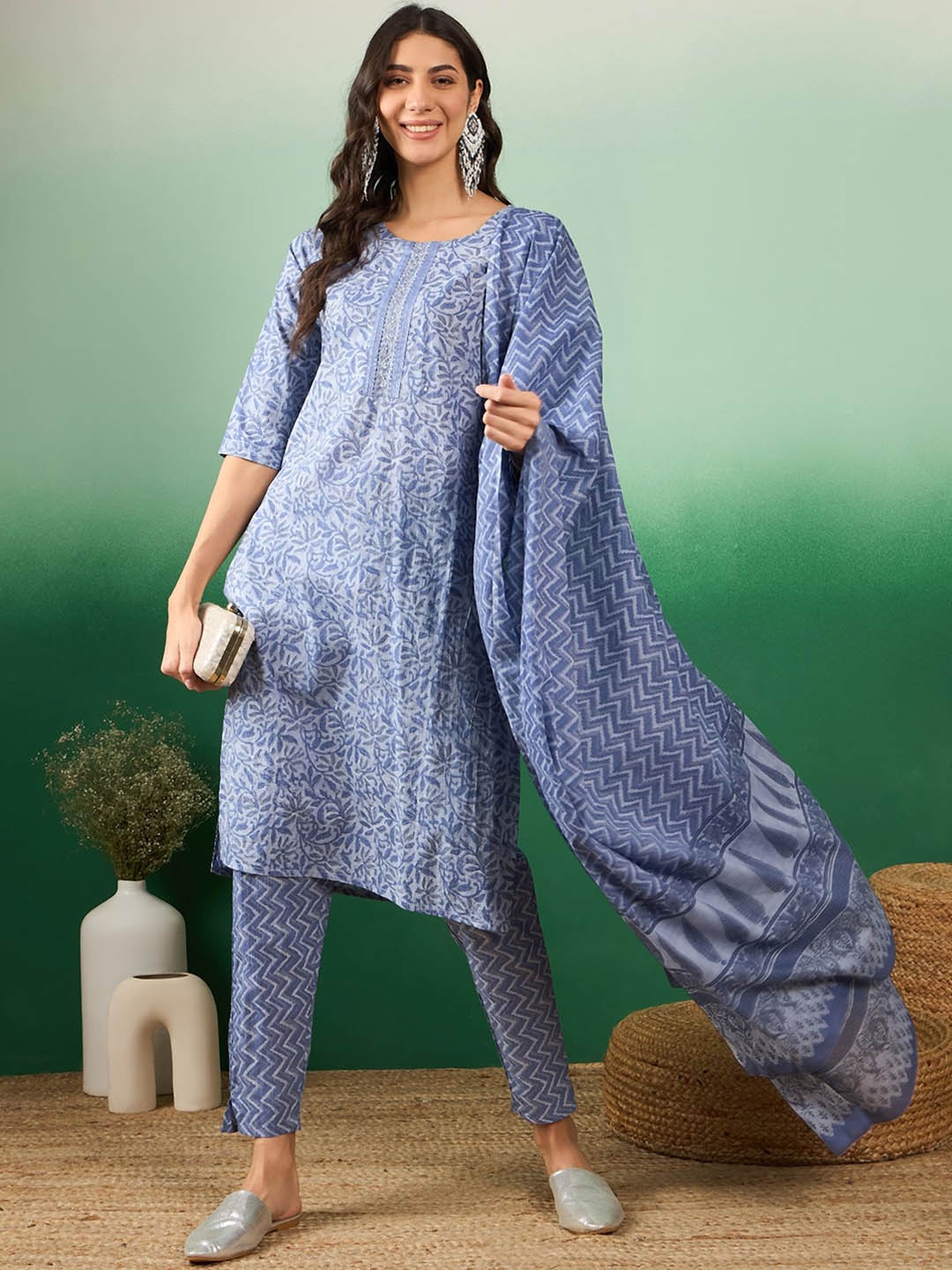

Sangria BlueFloral Printed Pure Cotton Straight Kurta with Trousers & Dupatta, Blue