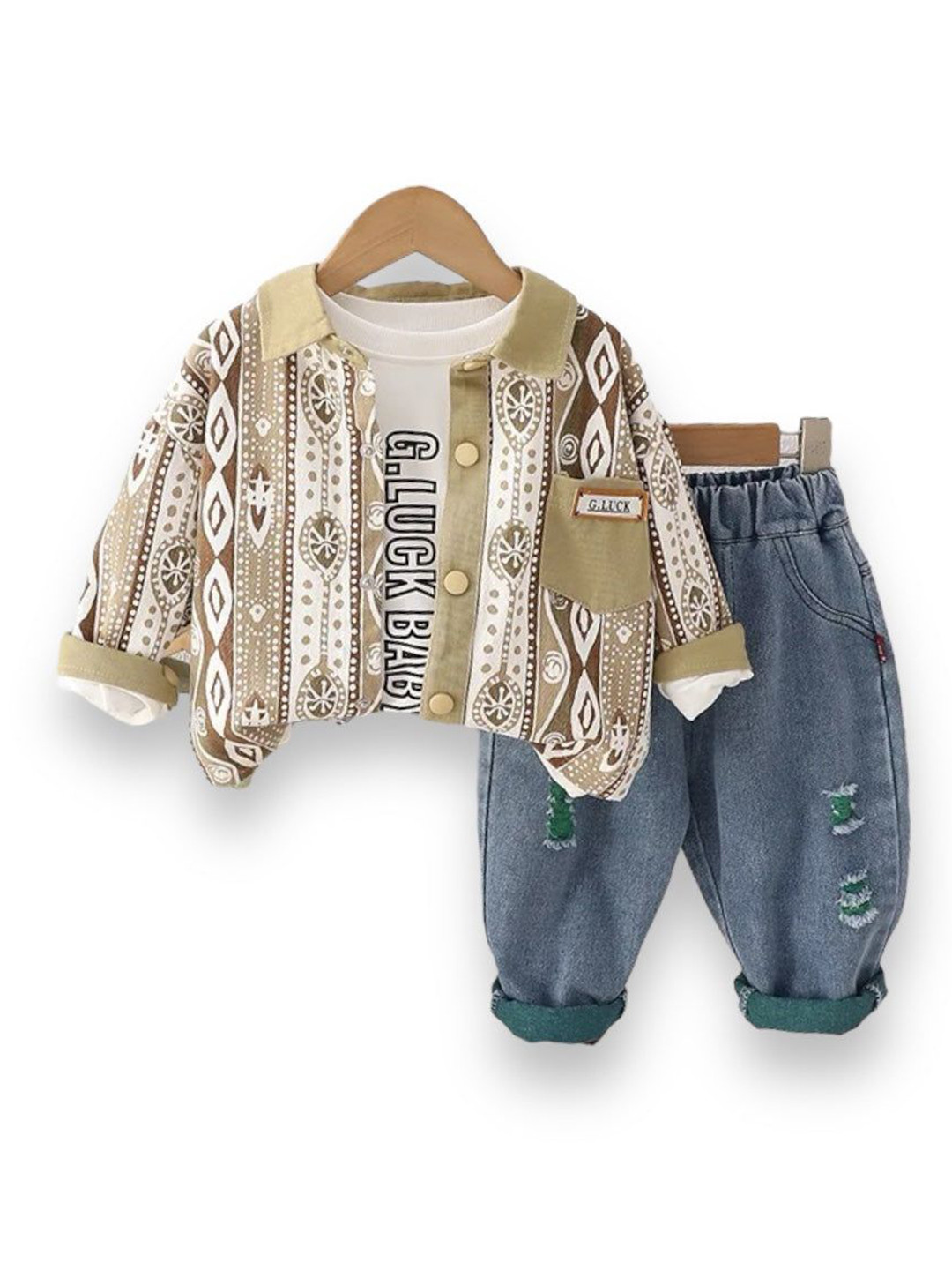 

TrendyKid Boys Printed T-shirt and Shirt with Trouser, Beige