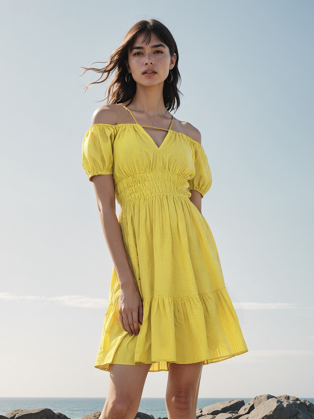 

H&M Pure Cotton Smock-Waist Short Dress, Yellow