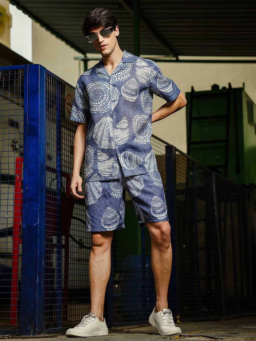 

House of Koala Aqua Printed Cuban Collar Relaxed Fit Casual Shirt With Shorts Co-Ords Set, Grey