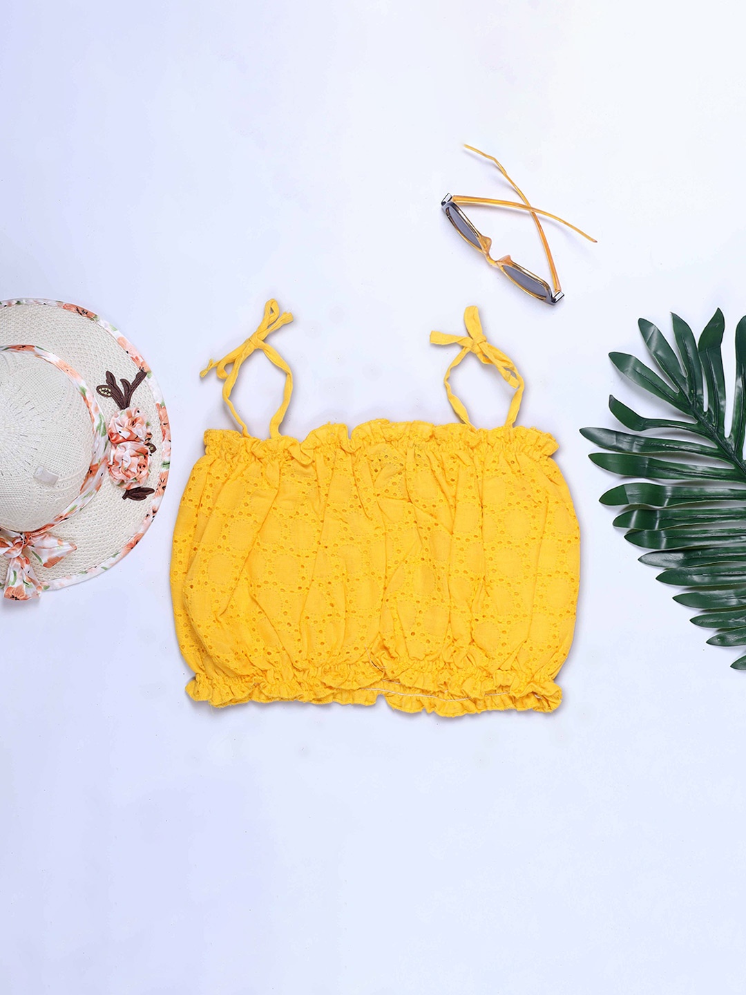 

HERE&NOW Schiffili Tie-Ups Strap Styled Cotton Blouson Top, Yellow