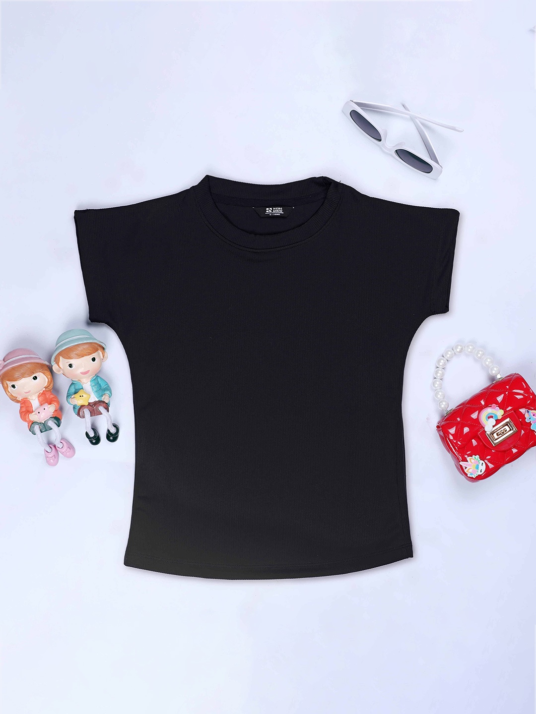 

HERE&NOW Girls Solid Ribbed Round Neck Cap Sleeves T Shirt, Black