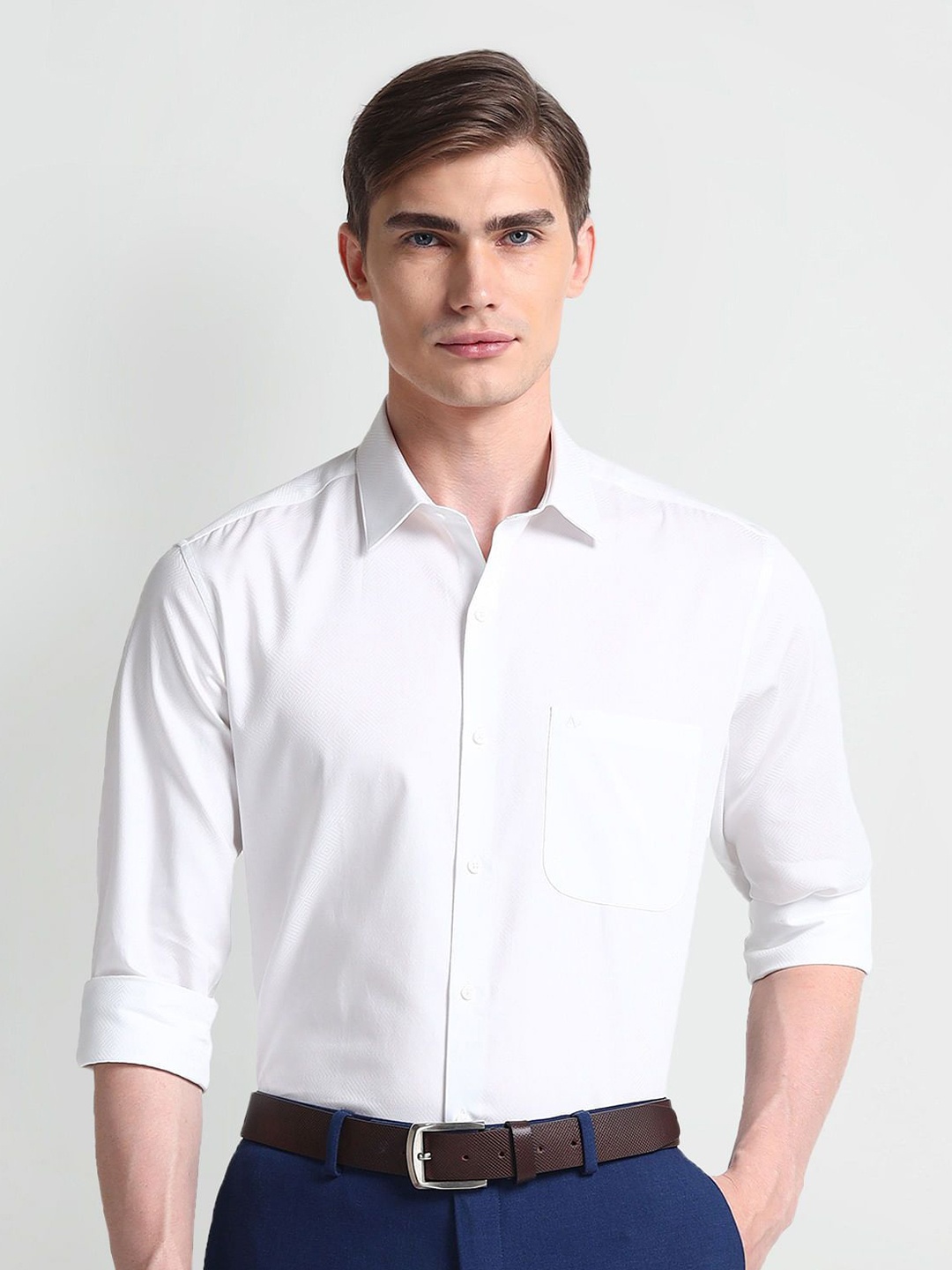 

Arrow Textured Printed Spread Collar Pure Cotton Formal Shirt, White