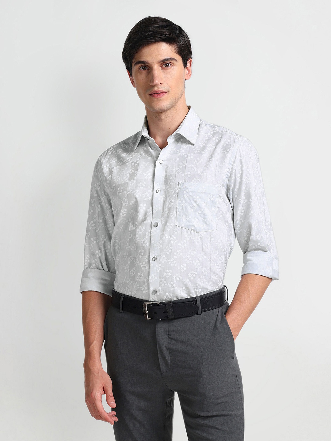 

Arrow Slim Fit Floral Printed Pure Cotton Formal Shirt, Grey