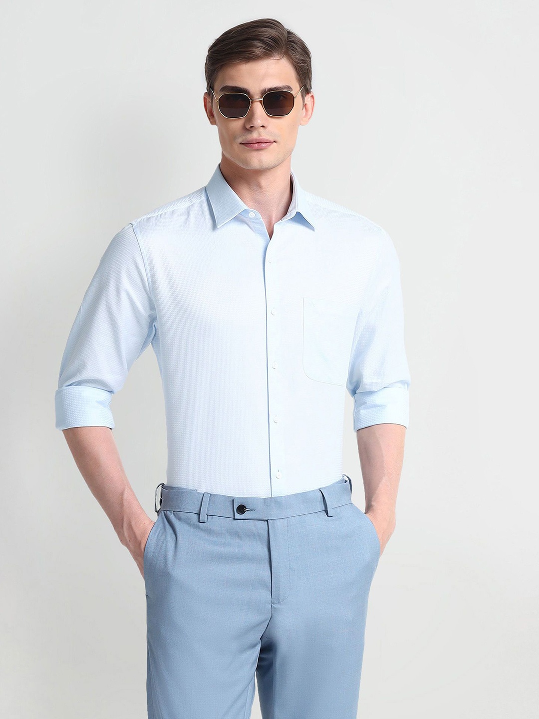 

Arrow Textured Printed Spread Collar Pure Cotton Formal Shirt, Blue