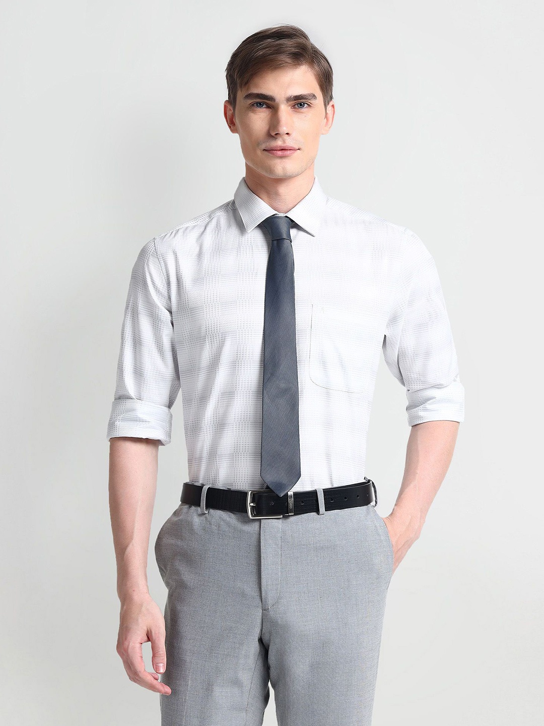 

Arrow Textured Printed Spread Collar Pure Cotton Formal Shirt, Grey