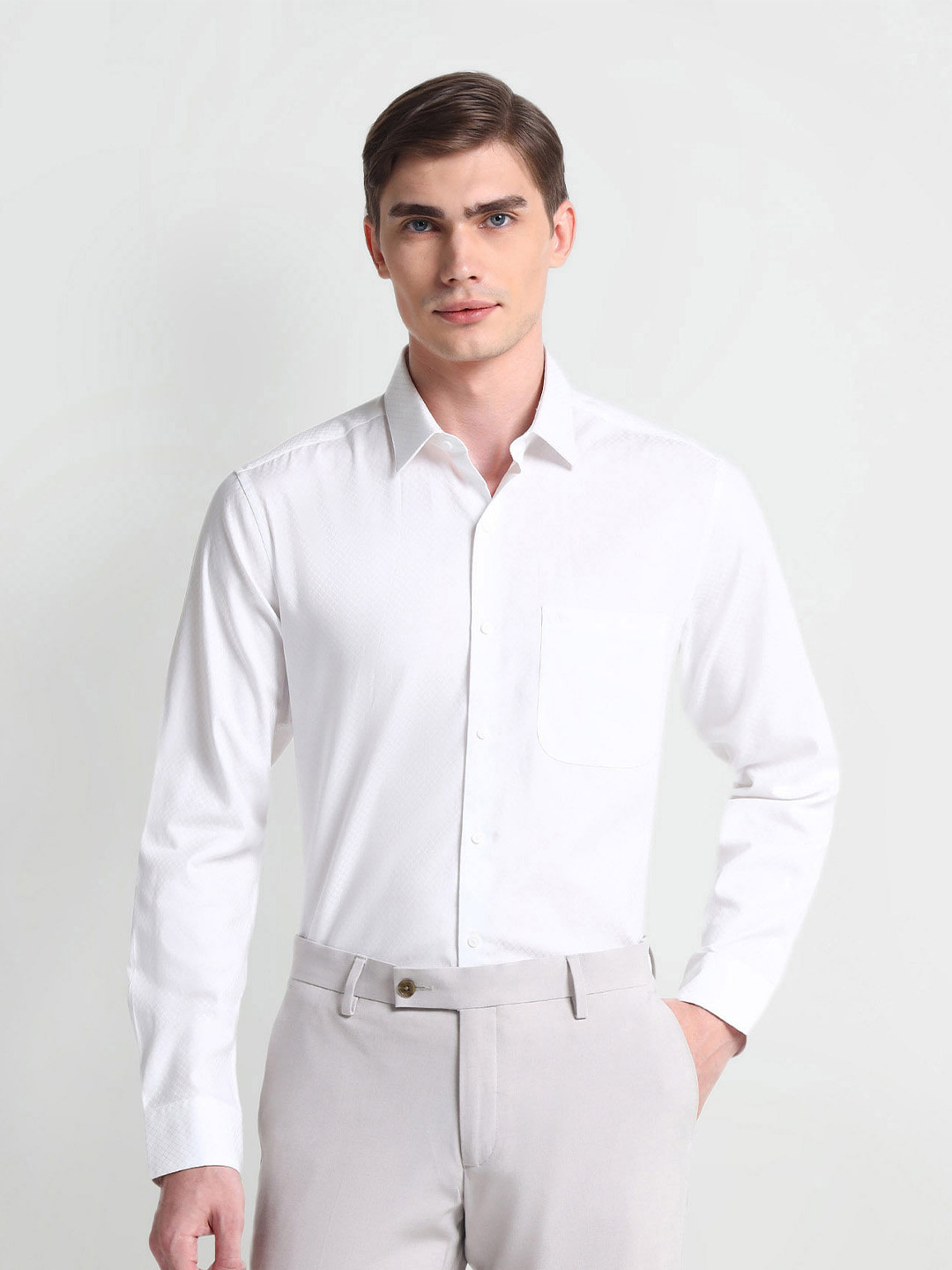 

Arrow Geometric Self Design Spread Collar Twill Weave Pure Cotton Formal Shirt, White