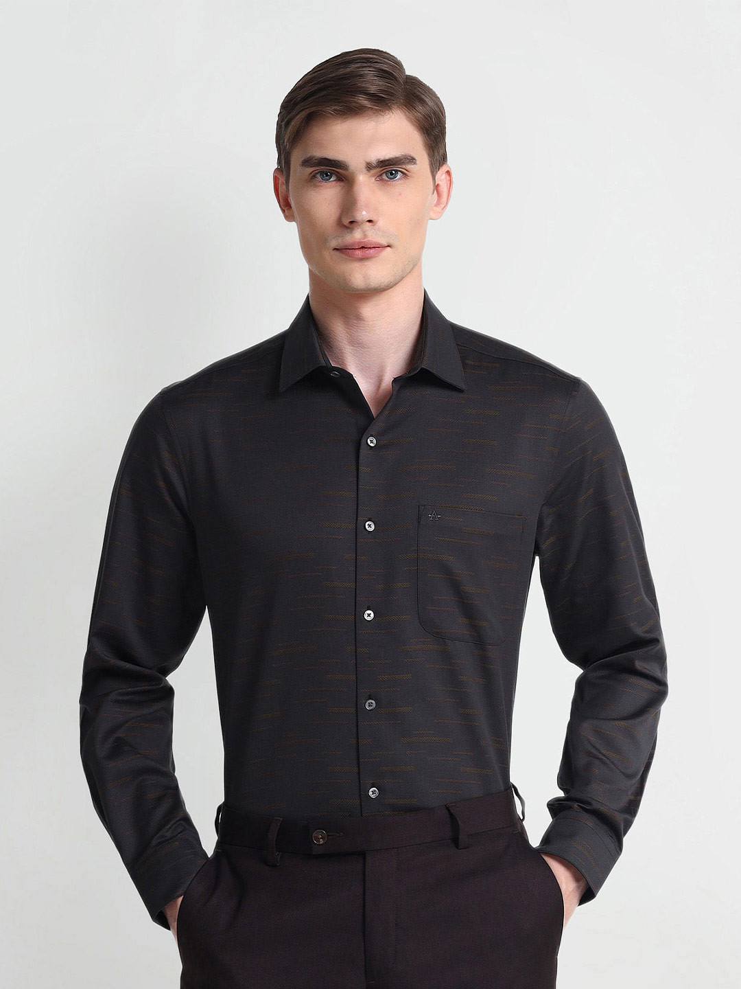 

Arrow Geometric Self Design Spread Collar Long Sleeves Pure Cotton Formal Shirt, Brown