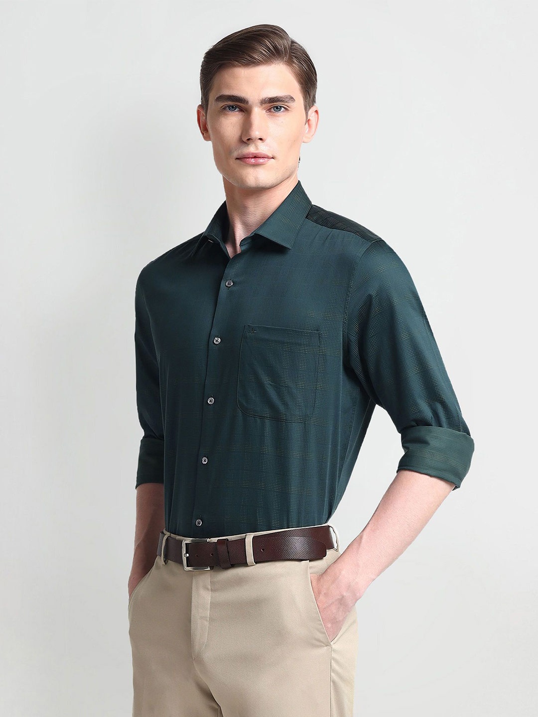 

Arrow Checked Spread Collar Pure Cotton Formal Shirt, Green