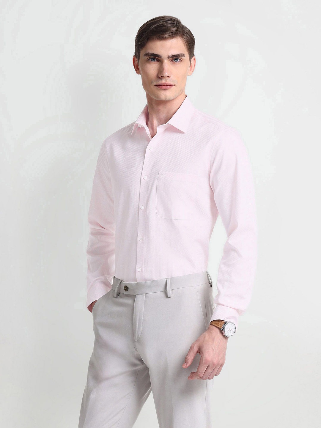 

Arrow Geometric Self Design Spread Collar Long Sleeves Pure Cotton Formal Shirt, Pink
