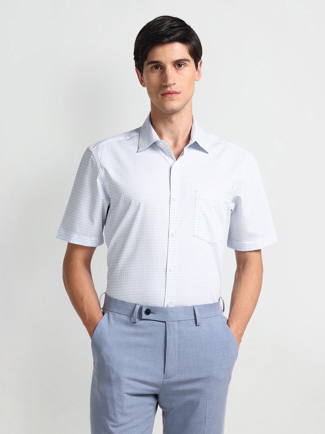 

Arrow Original Checked Short Sleeves Twill Pure Cotton Formal Shirt, Blue