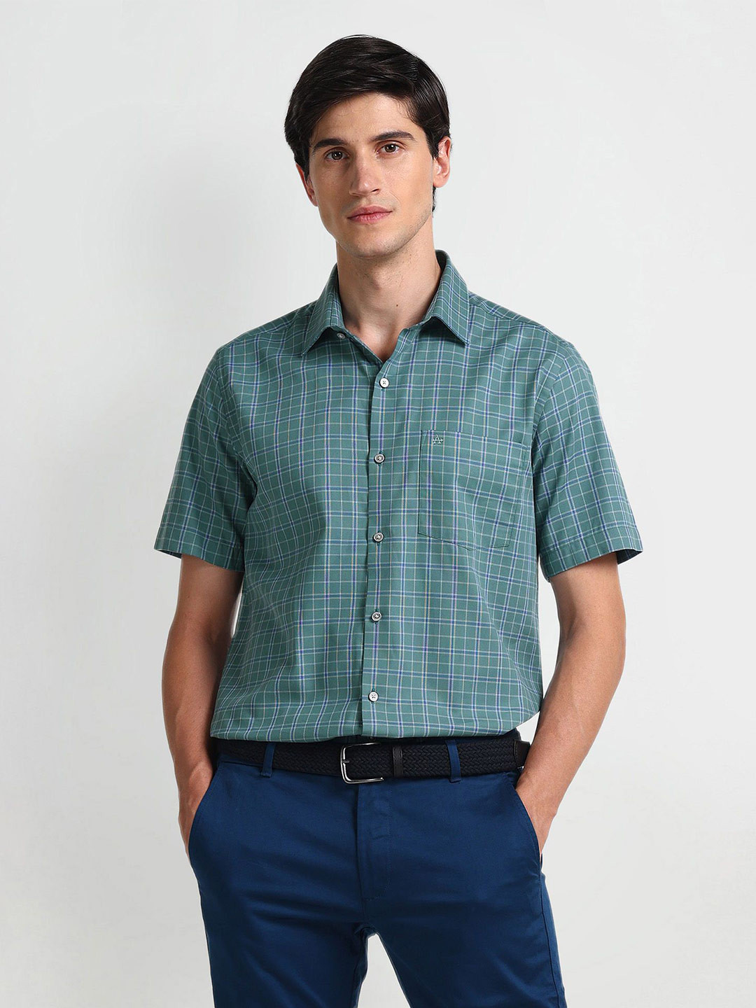 

Arrow Checked Spread Collar Cotton Formal Shirt, Green