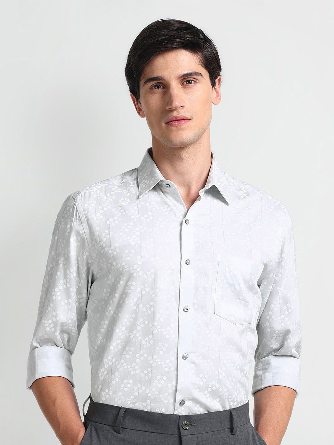 Arrow Slim Fit Floral Printed Cotton Formal Shirt, Grey