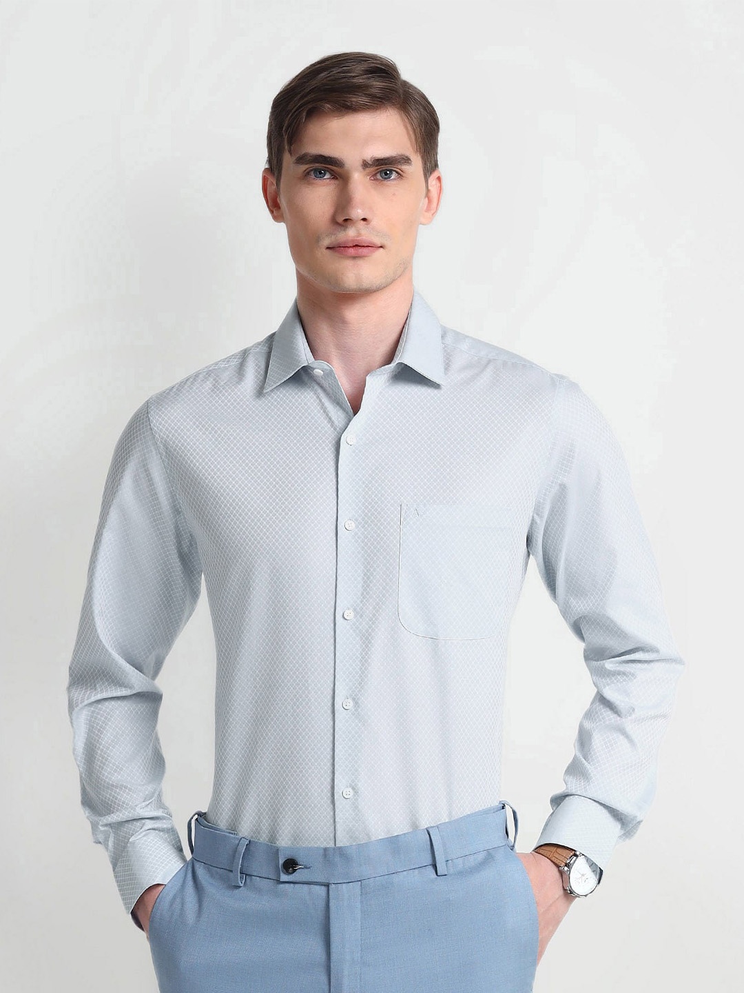 

Arrow Self Design Spread Collar Twill Weave Pure Cotton Formal Shirt, Grey