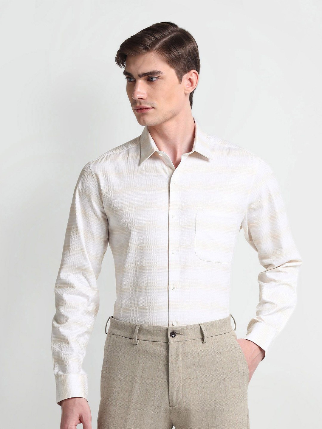 

Arrow Checked Cutaway Collar Pure Cotton Formal Shirt, Beige