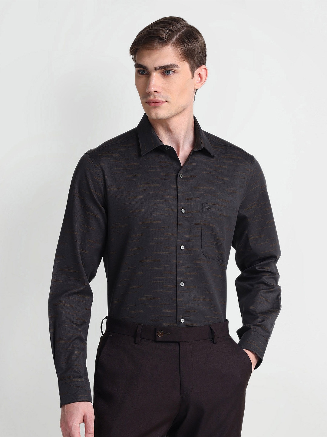 

Arrow Textured Printed Spread Collar Cotton Formal Shirt, Brown