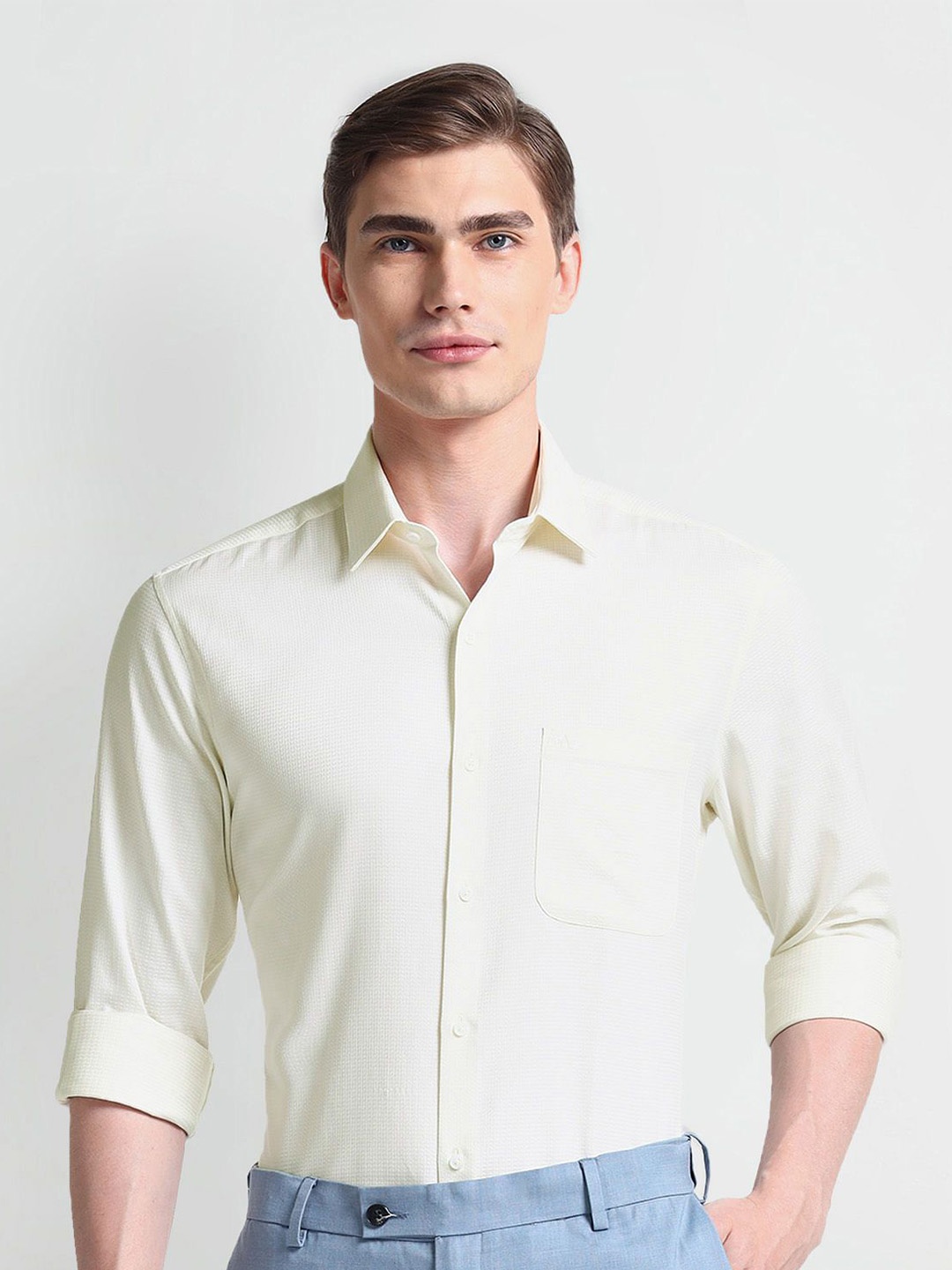 

Arrow Self Design Spread Collar Long Sleeves Pure Cotton Formal Shirt, White