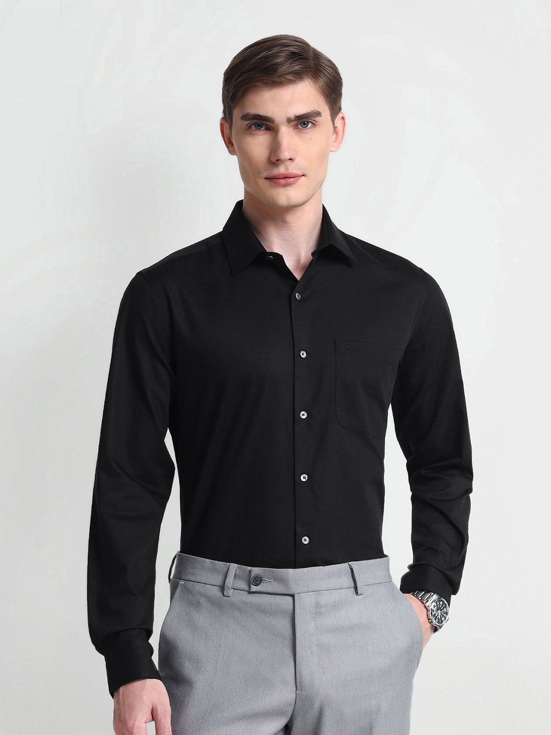 

Arrow Self Design Spread Collar Long Sleeves Pure Cotton Formal Shirt, Black