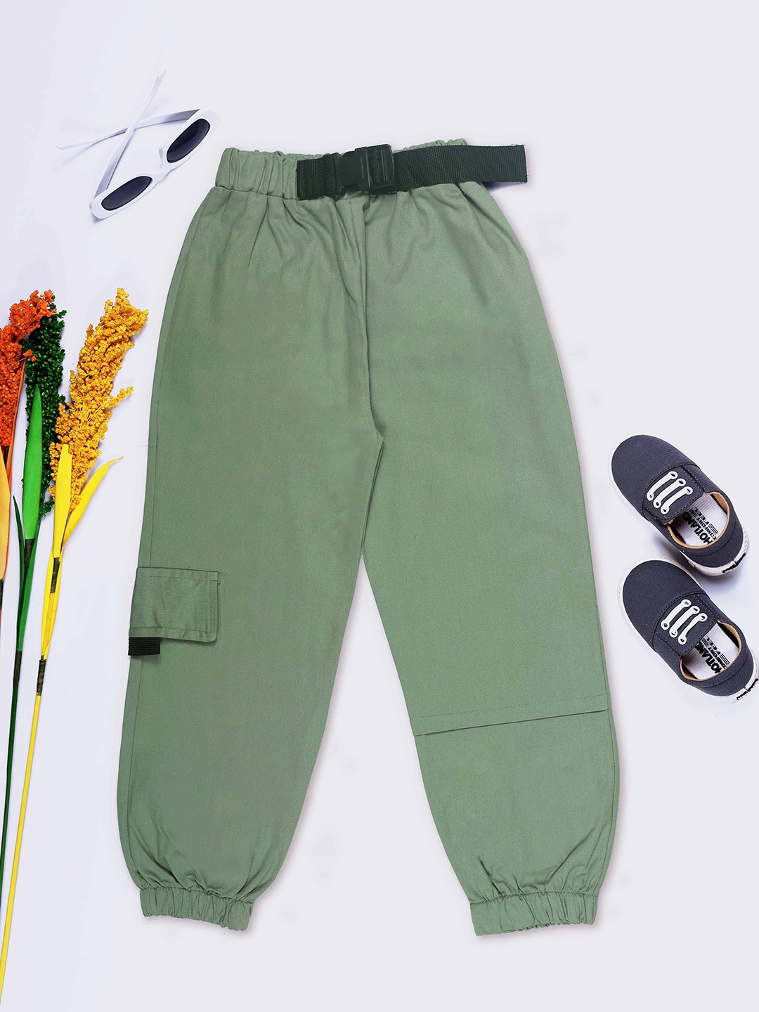 

HERE&NOW Girls Mid Rise Pure Cotton Smart Joggers Trousers, Green
