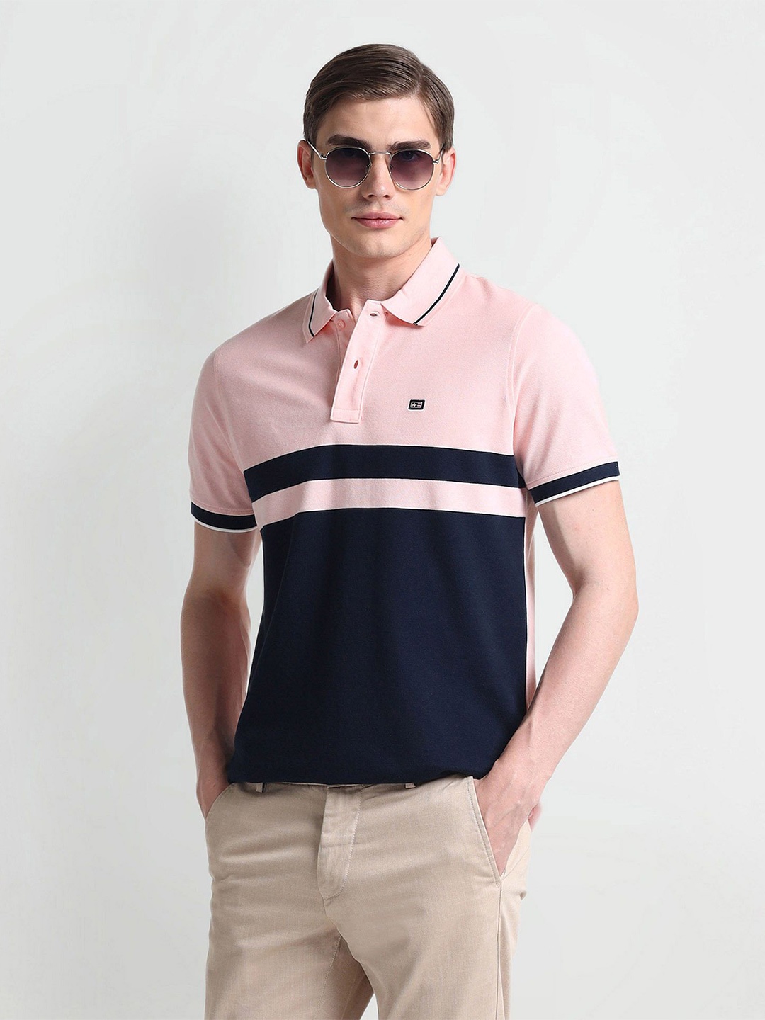 

Arrow Sport Men Polo Collar Colourblocked Applique Cotton T-shirt, Pink