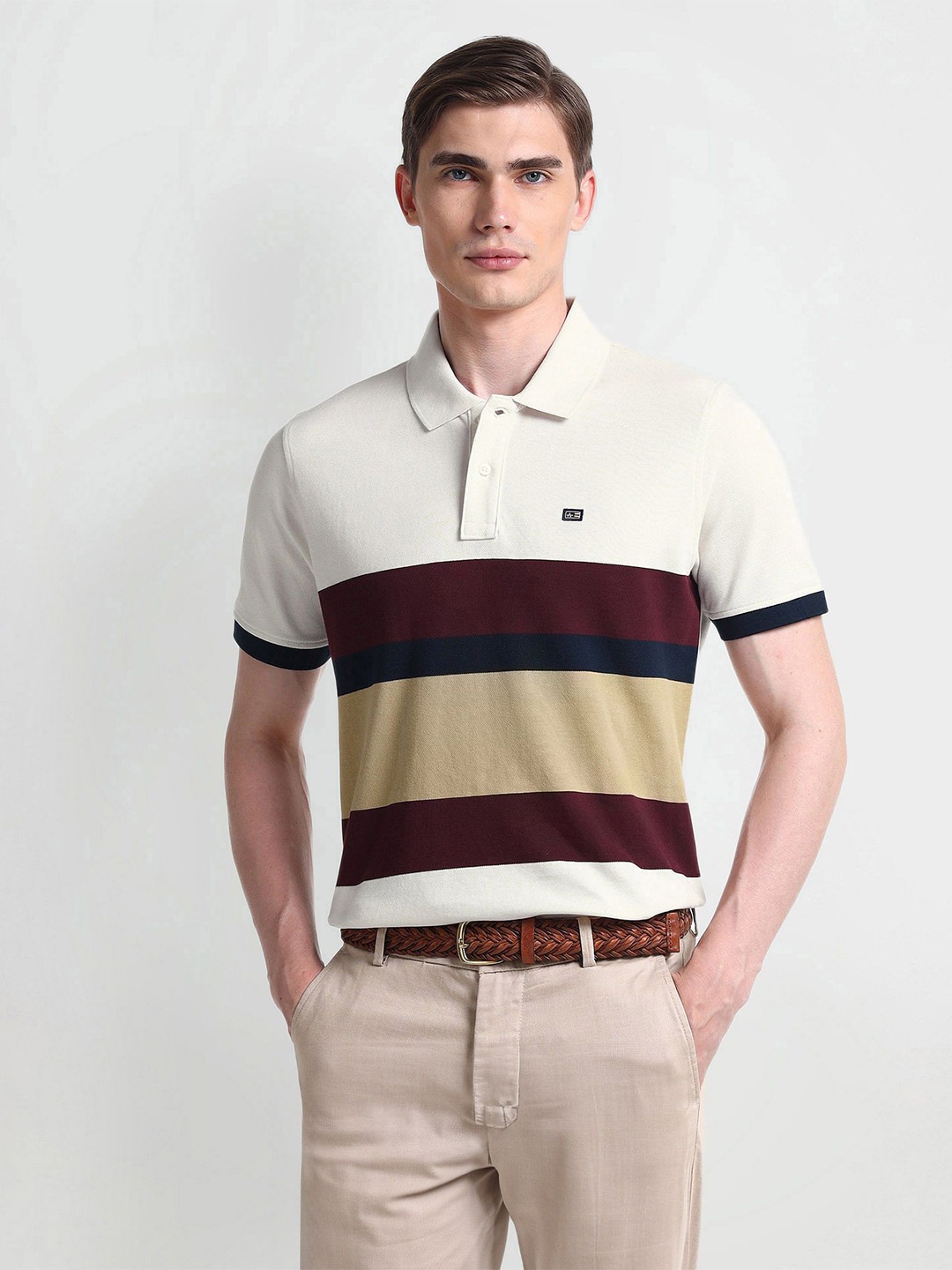 

Arrow Sport Men Colourblocked Polo Collar T-shirt, Beige