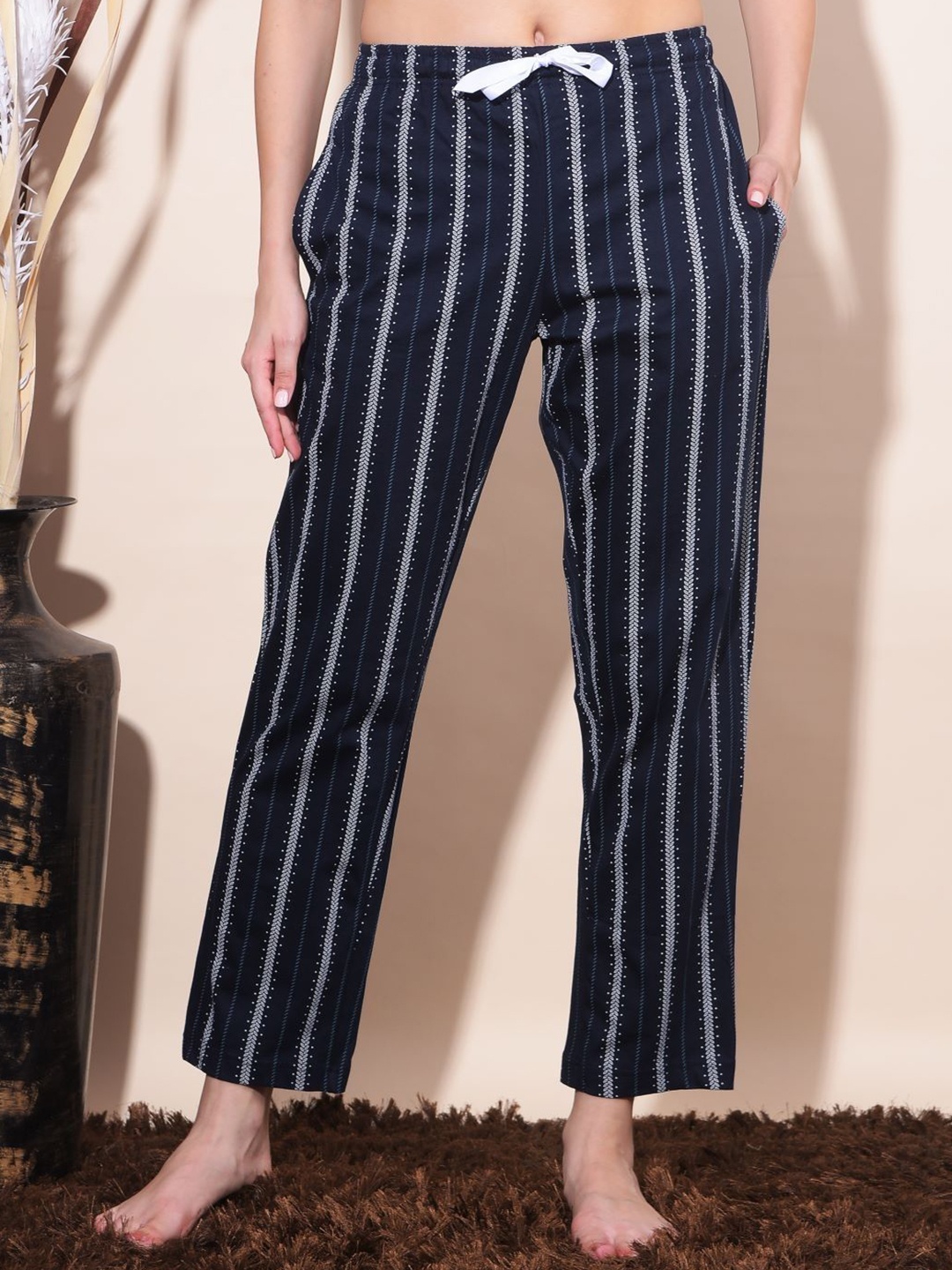

Dollar Missy Women Striped Mid-Rise Lounge Pants, Navy blue