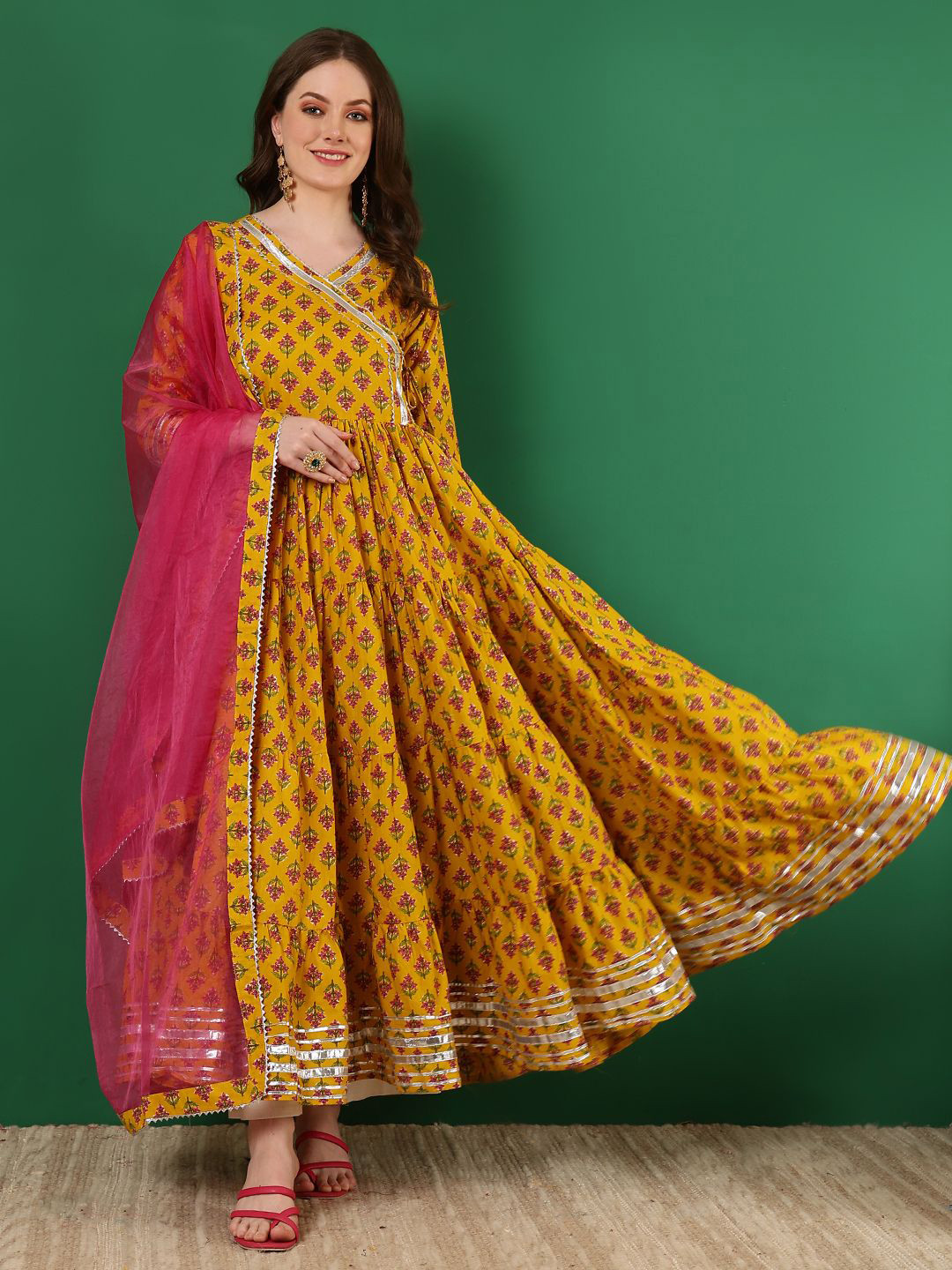 

WOMENCLICK Ethnic Motifs Printed Gotta Patti Pleated Anarkali Kurta With Dupatta, Yellow