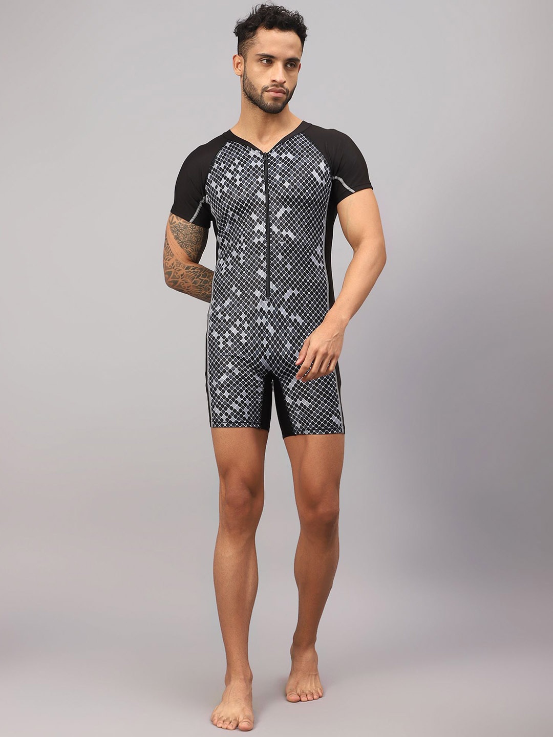 

VECTOR X Men Abstract Printed V-Neck Bodysuit Swimwear, Black