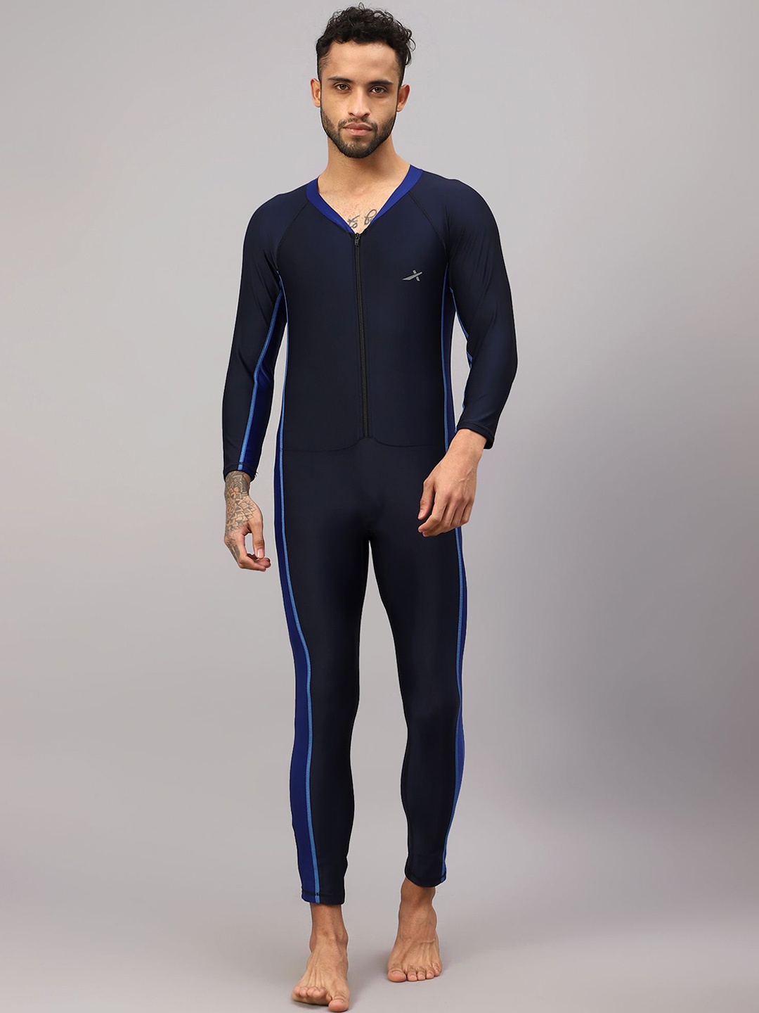 

VECTOR X Men Solid V-Neck Swim Bodysuit, Navy blue