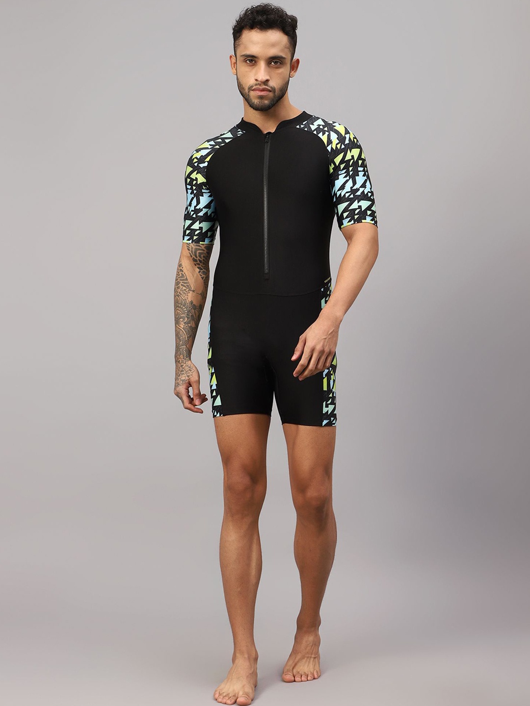 

VECTOR X Men Abstract Printed V-Neck Swim Legsuit, Black