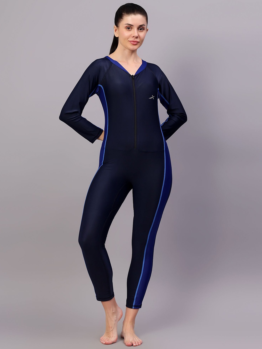 

VECTOR X Women Solid V-Neck Swim Legsuit, Navy blue