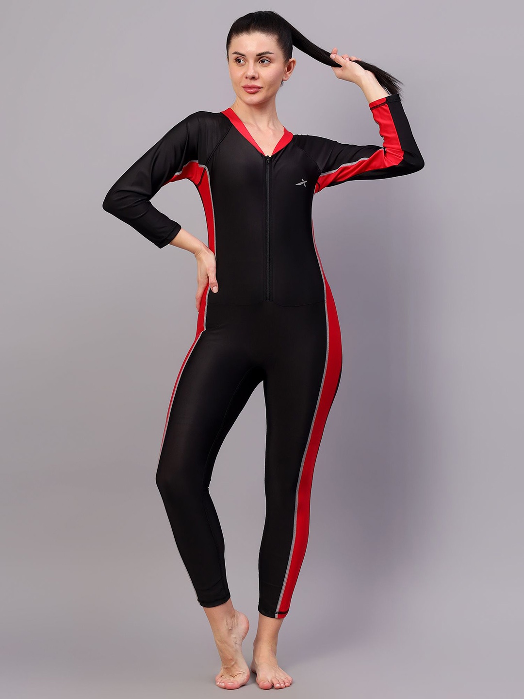 

VECTOR X Women Solid V-Neck Full Length Swim Bodysuit, Black