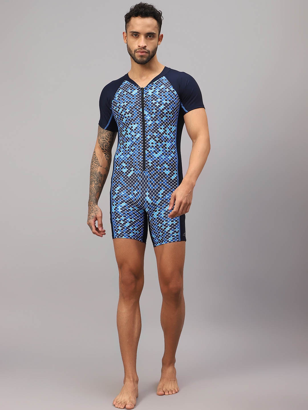 

VECTOR X Men Abstract Printed V-Neck Swim Legsuit, Navy blue