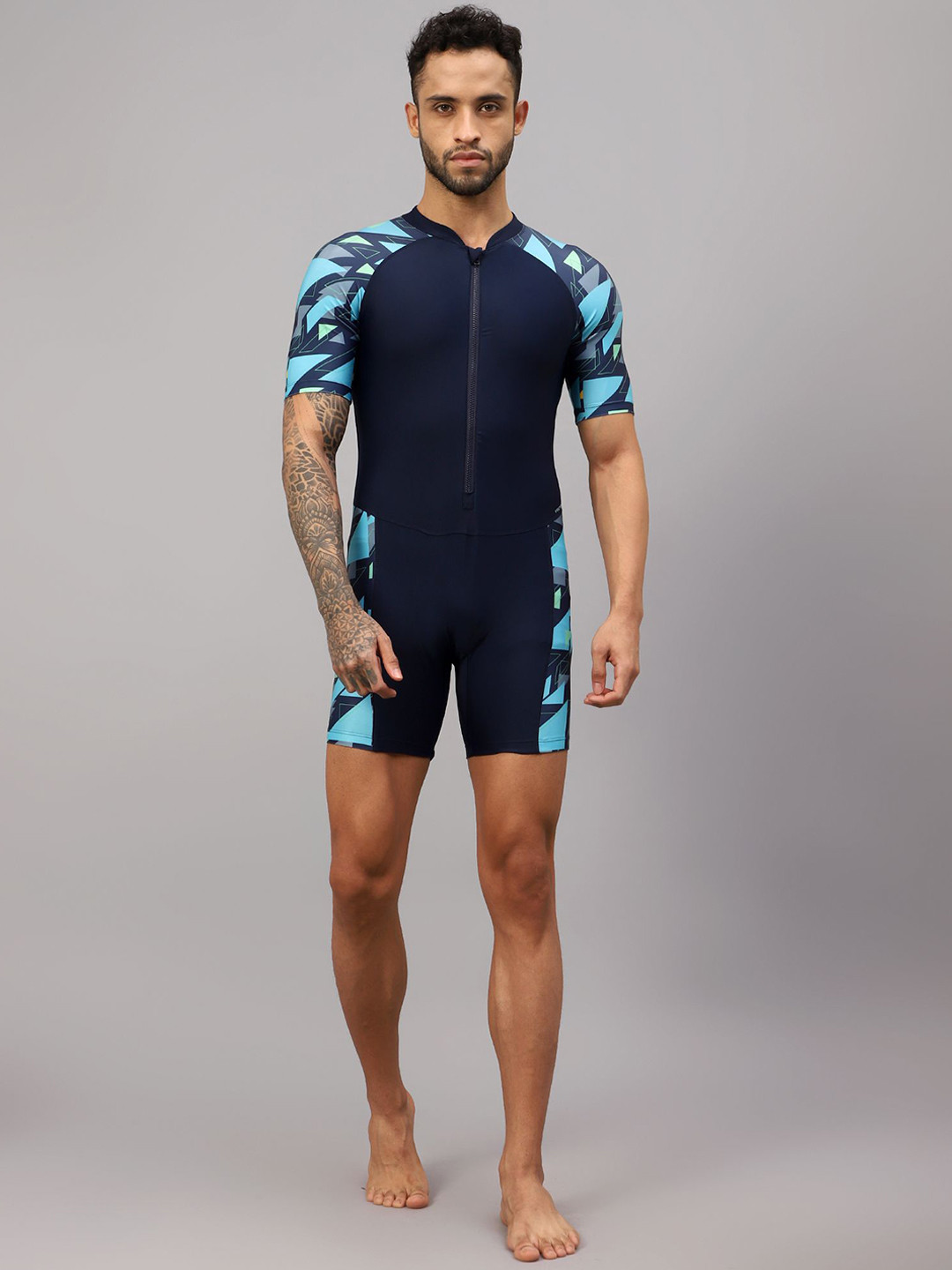 

VECTOR X Men Abstract Printed V-Neck Legsuit, Navy blue