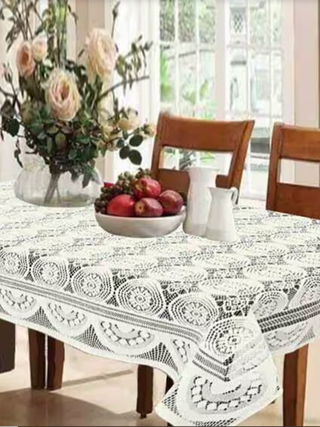 

TANLOOMS Cream-Coloured Floral Cotton 6-Seater Table Cover with Embroidered details