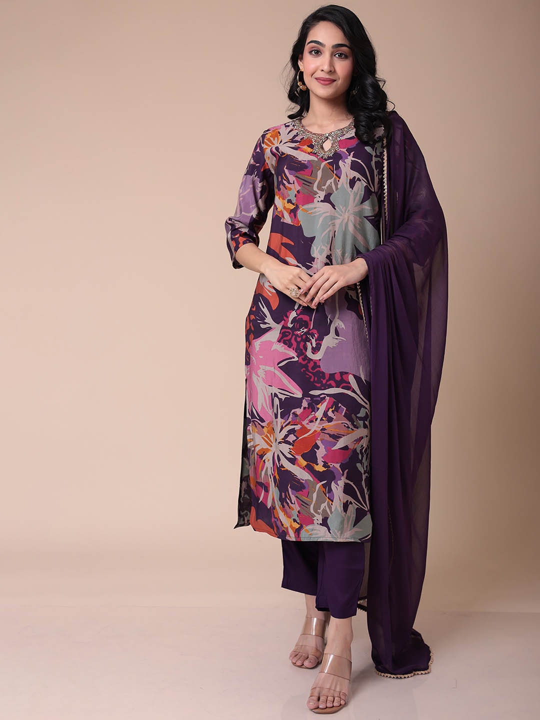 

ZARI Floral Printed Keyhole Neck Sequined Straight Kurta With Trousers & Dupatta, Purple