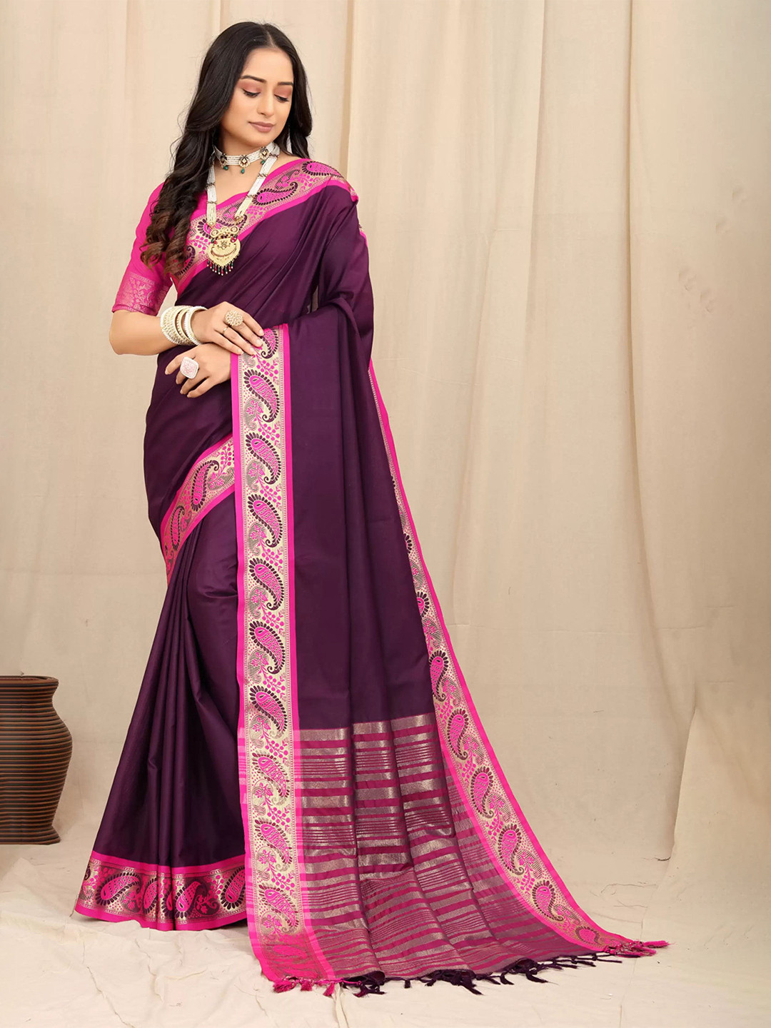 

KALINI Zari Pure Cotton Banarasi Saree, Purple