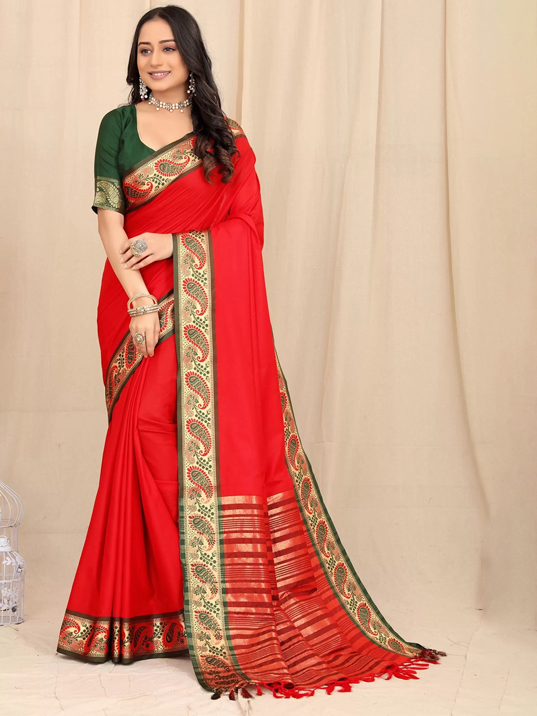 

KALINI Zari Pure Cotton Banarasi Saree, Red