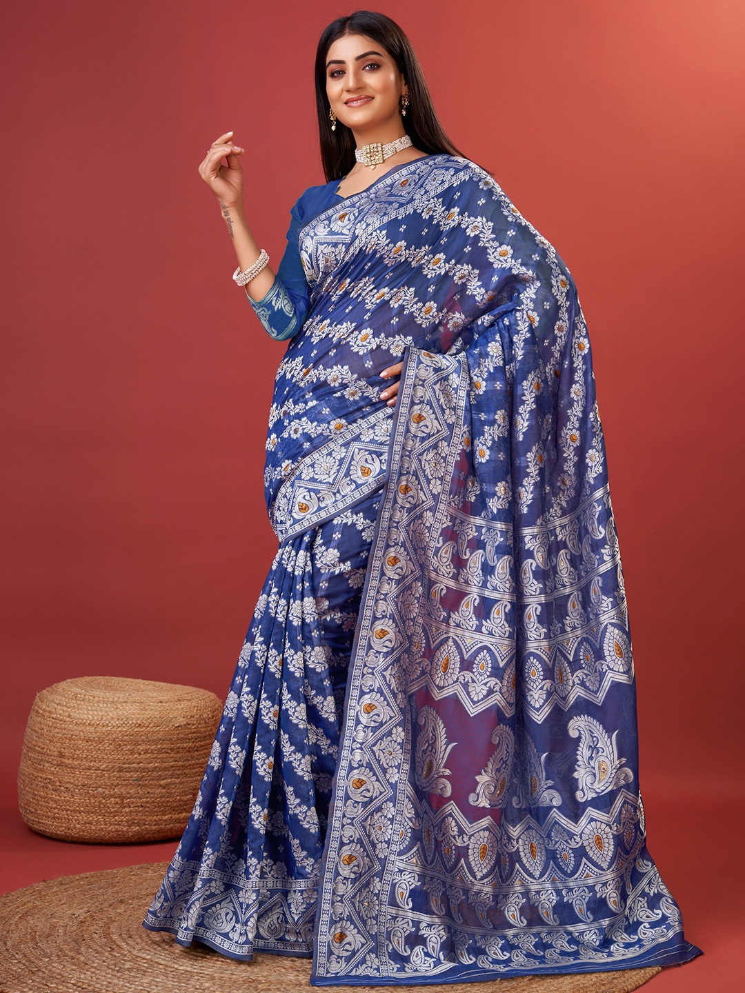 

KALINI Woven Design Zari Pure Cotton Banarasi Saree, Blue