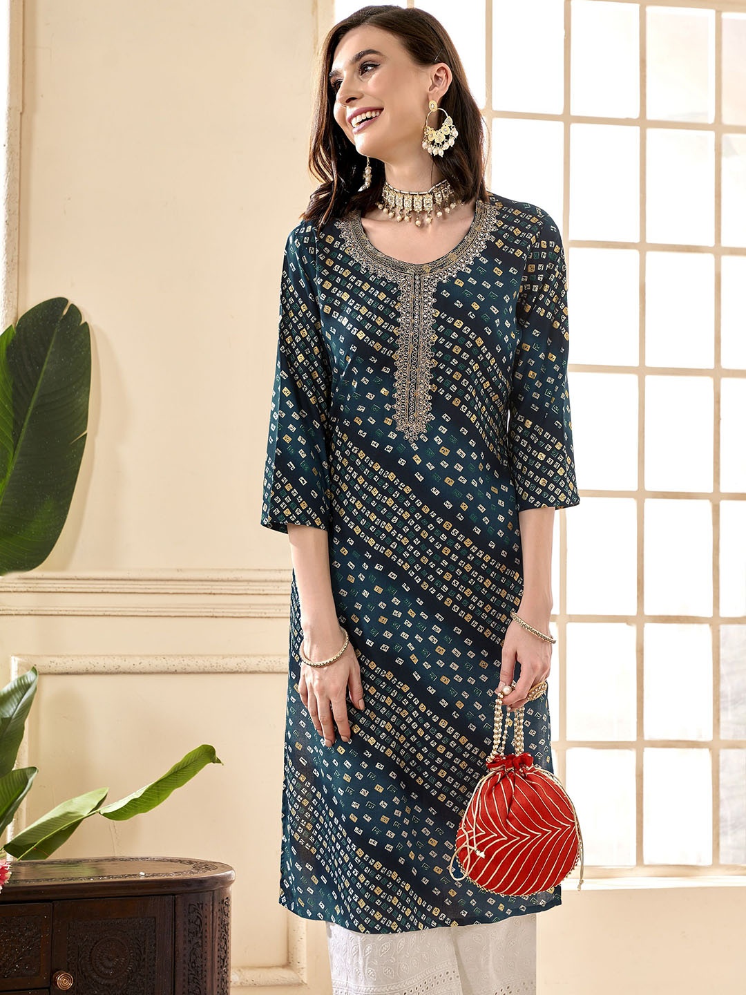 

Anouk Bandhani Printed Round Neck Zari A-Line Kurta, Blue