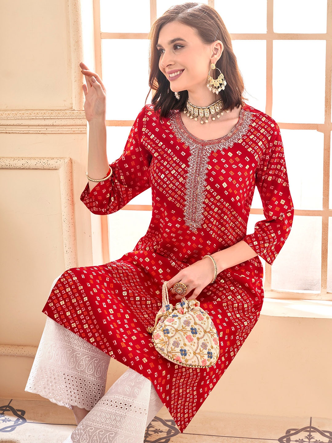 

Anouk Bandhani Printed Zari A-Line Kurta, Red