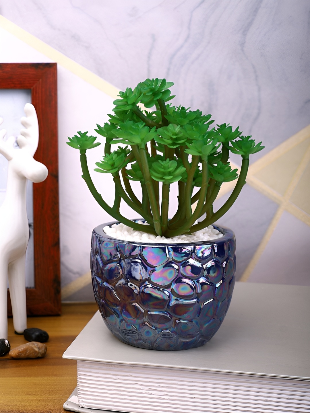 

TAYHAA Green & Blue Succulent Artificial Plant With Ceramic Pot