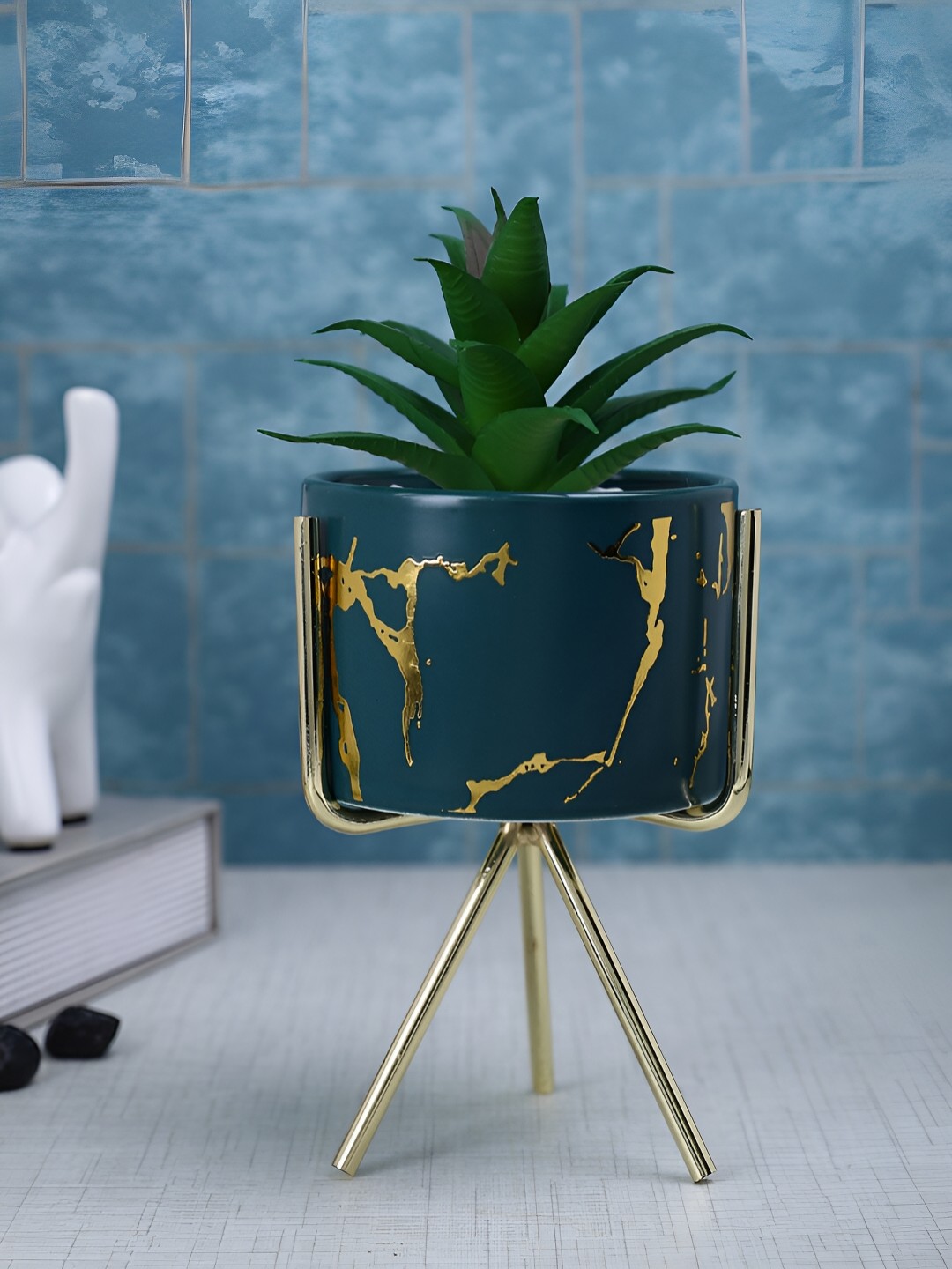 

TAYHAA Green & Blue Aloe Vera Artificial Plant With Ceramic Pot