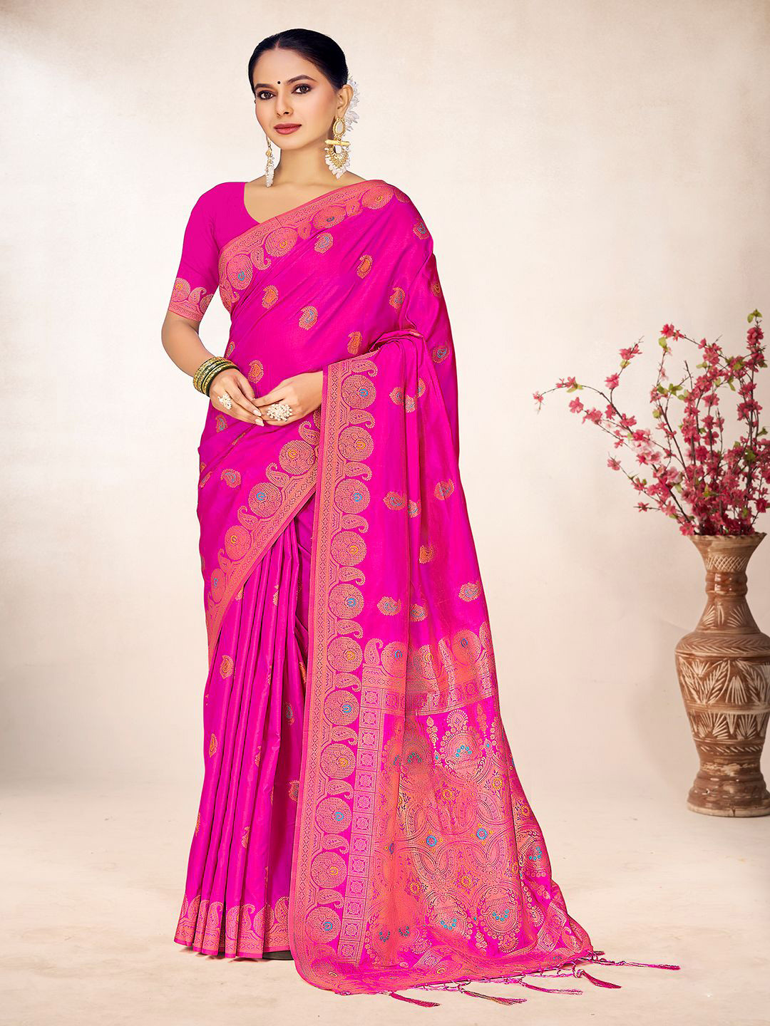 

SANGAM PRINTS Woven Design Zari Tussar Saree, Purple