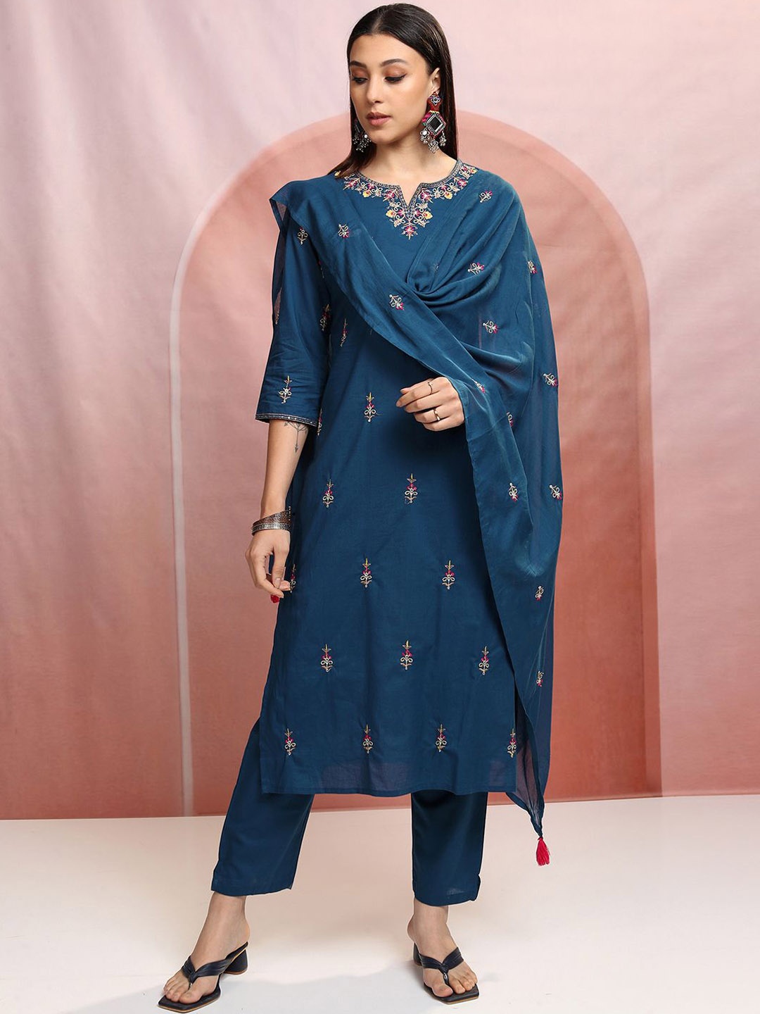 

Vishudh Blue Embroidered Thread Work Pure Cotton Straight Kurta With Trousers & Dupatta