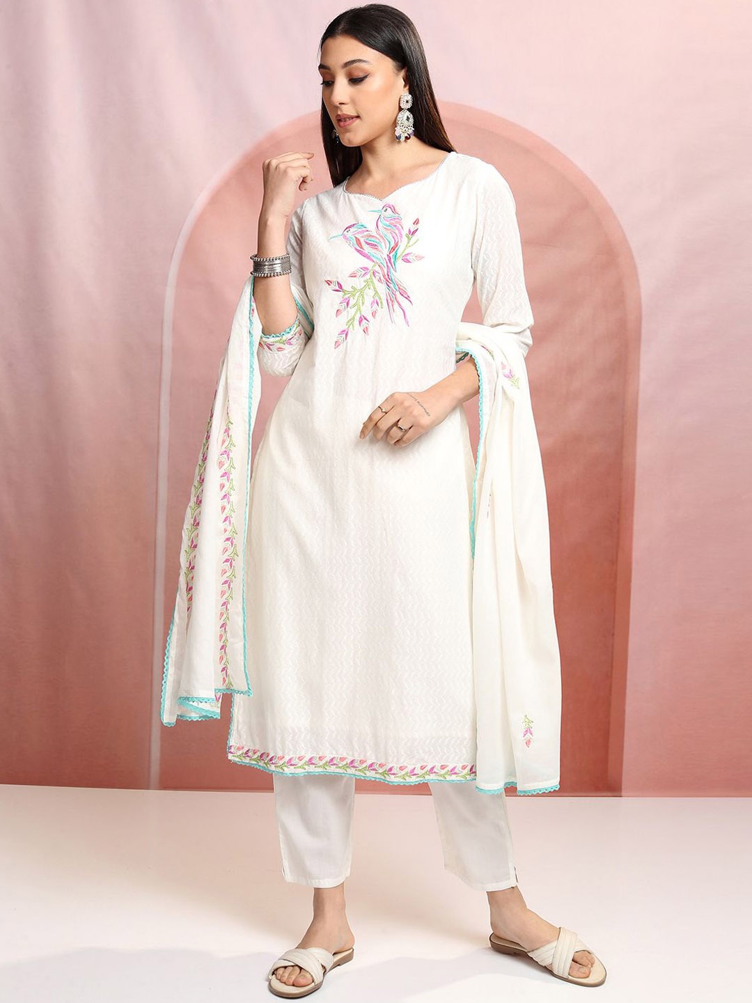 

Vishudh White Floral Yoke Design Pure Cotton Straight Kurta With Trousers & Dupatta