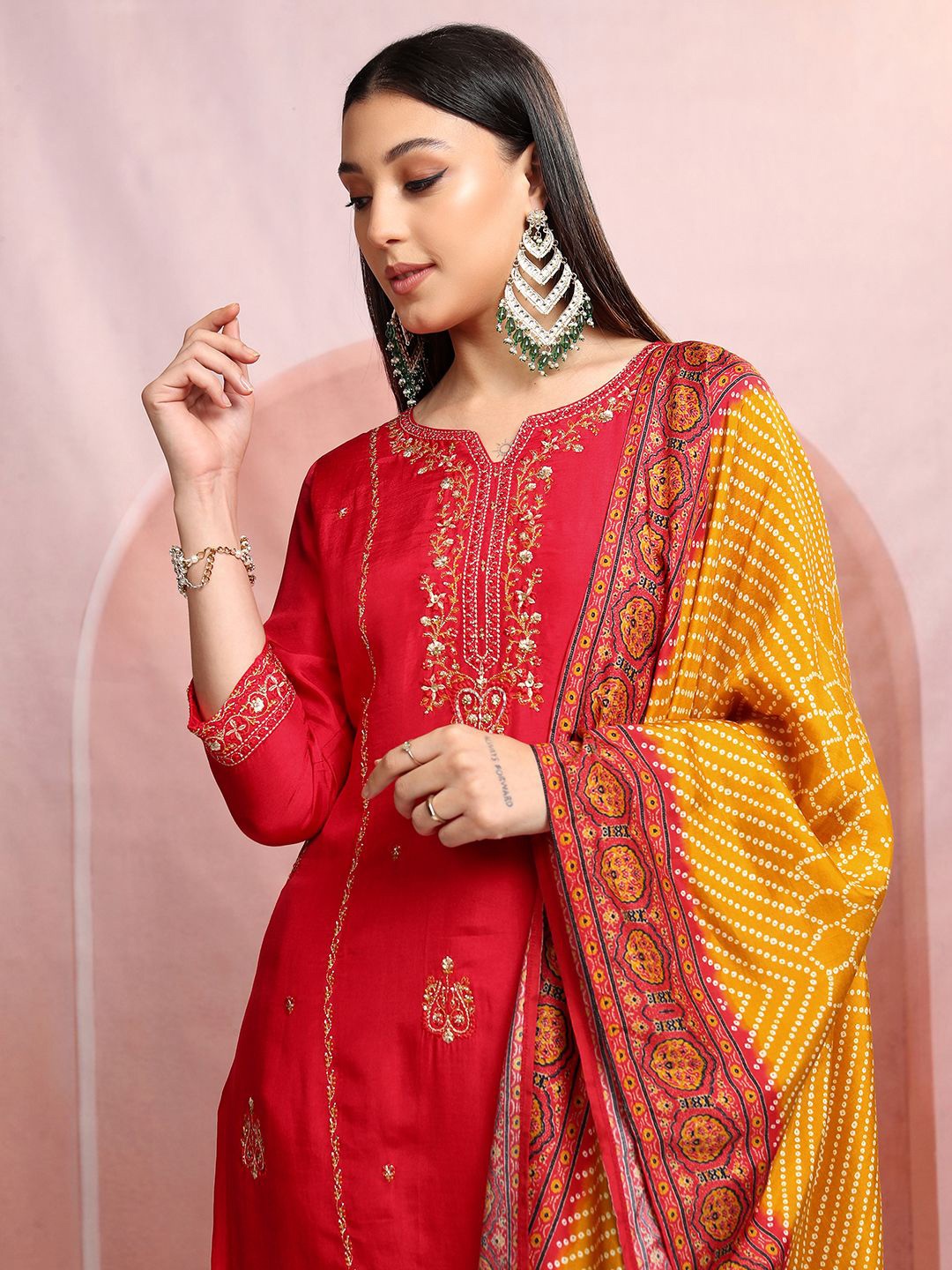 

Vishudh Red Embroidered Notch Neck Thread Work Straight Kurta With Trousers & Dupatta