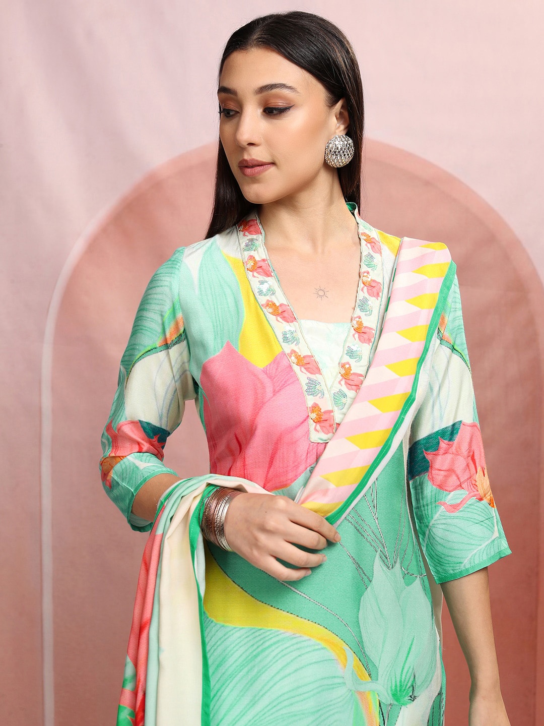 

Vishudh Green Floral Printed V-Neck Straight Kurta With Trousers & Dupatta